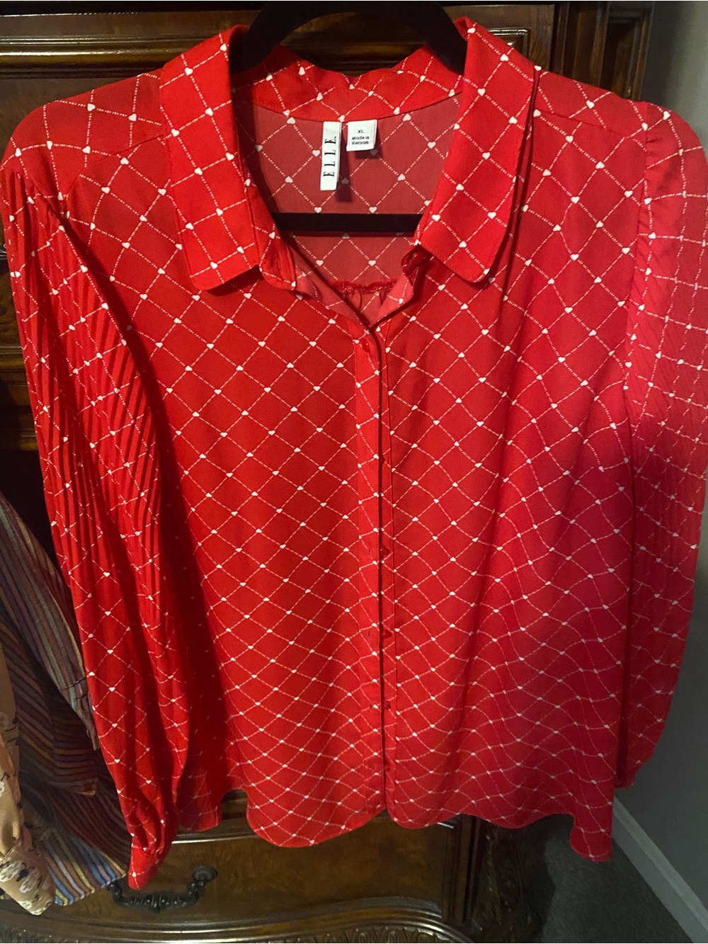 ELLE Red Button Down Shirt with White Heart Pattern